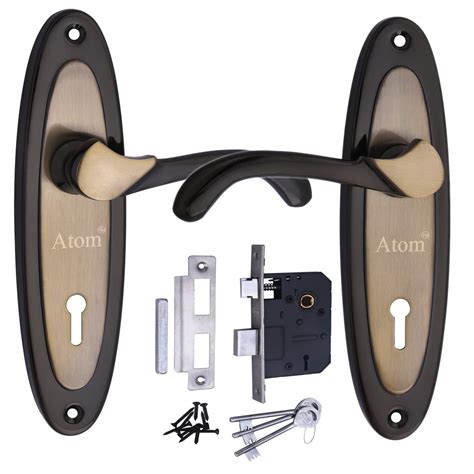 Atom 7 Inches Mortise Door Handle Set With Lock Body Black Gold Finish 3 Keys 6 Lever