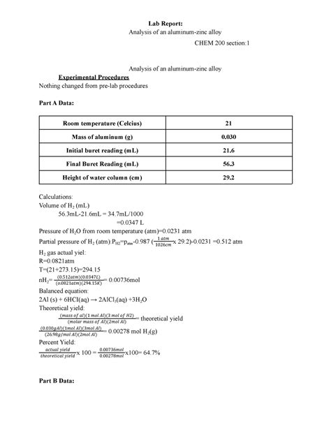 Lab Report 9 Analysis Of An Aluminum Zinc Alloy Lab Report Analysis Of An Aluminum Zinc Alloy