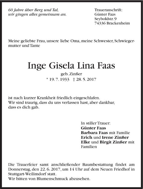 Traueranzeigen Von Inge Gisela Lina Faas Stuttgart Gedenkt De