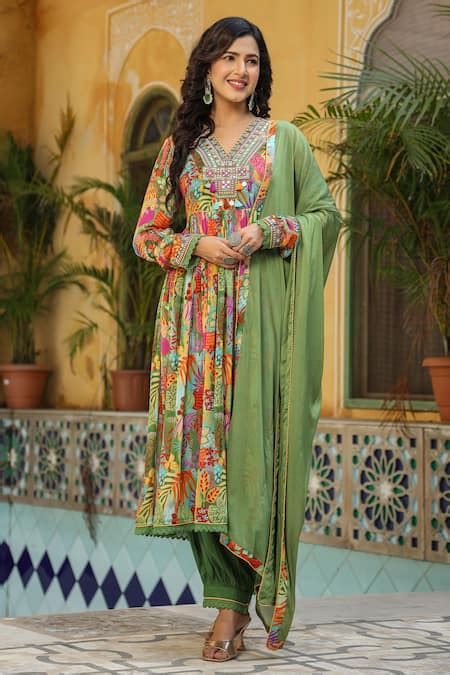 Buy Green Anarkali And Dupatta Chinnon Embroidery Tropical V Neck