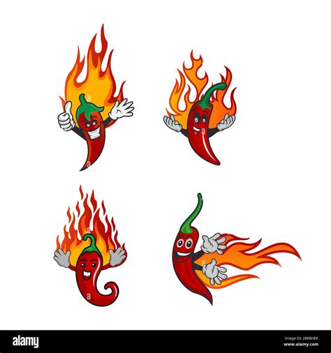 Vector Set Illustration Of A Spicy Chilli Peppers With Flame Cartoon