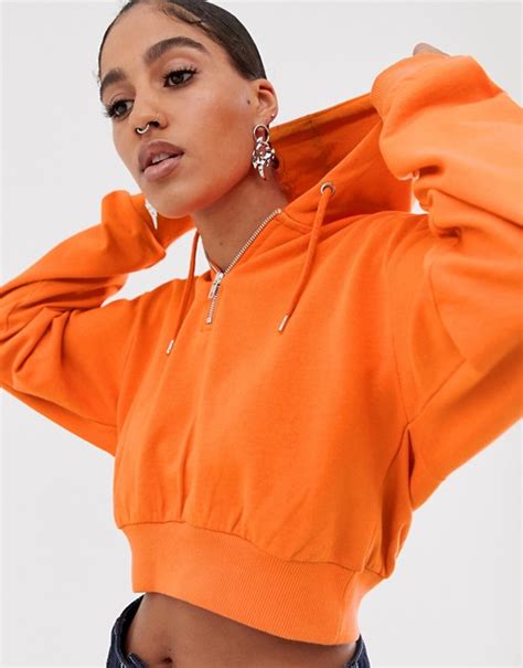 Asos Design Cropped Hoodie With Half Zip In Orange Asos