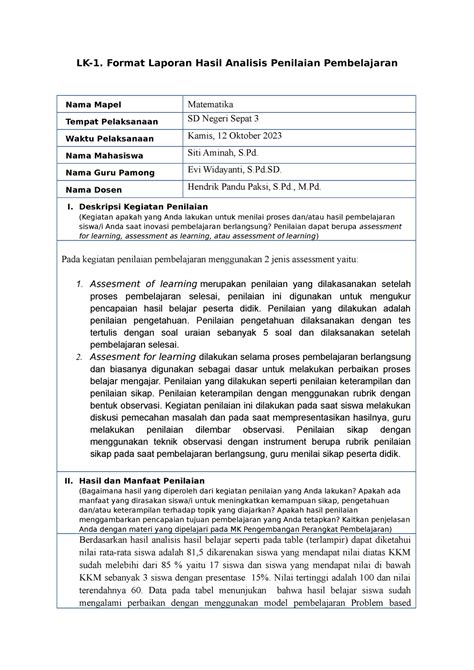 Format Hasil Asesmen Pembelajaran Lk 1 Format Laporan Hasil Analisis Penilaian Pembelajaran