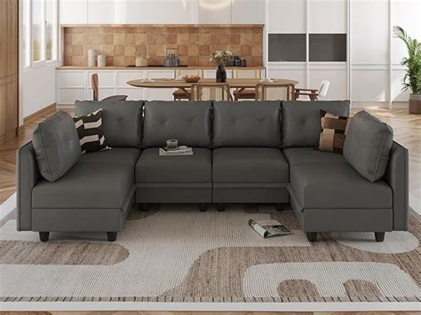 LLAPPUIL Faux Leather Fabric Modular Sectional Sofa With Reversible