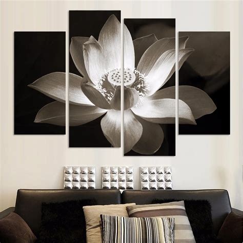 4 Pieces NO Framed Canvas Photo Prints Black And White Lotus Wall Art ...