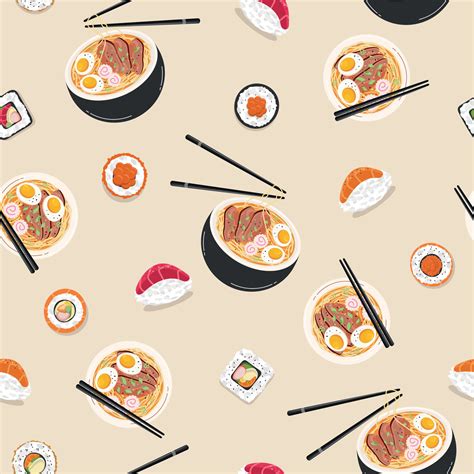 Seamless Pattern With Asian Food Japanese Food Rolls Sushi And Ramen