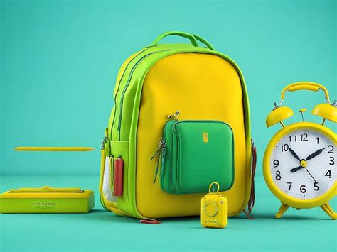 Mochila Amarela Despertador E Equipamento Escolar Conceito De Volta