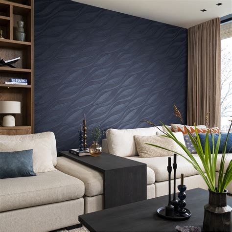 Sky Lounge Metallic Wave Wallpaper Navy