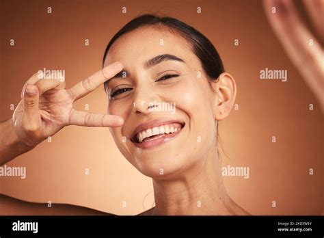 Face Peace Sign And Woman Happiness Selfie Of A Model With A Funny