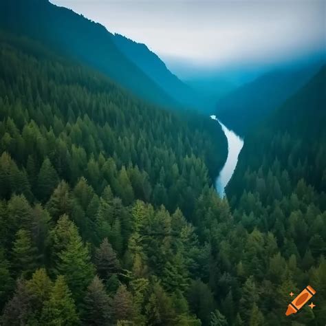 Wide Angle Panorama Photgraphy Of Dense Coniferous Forest On Hills With