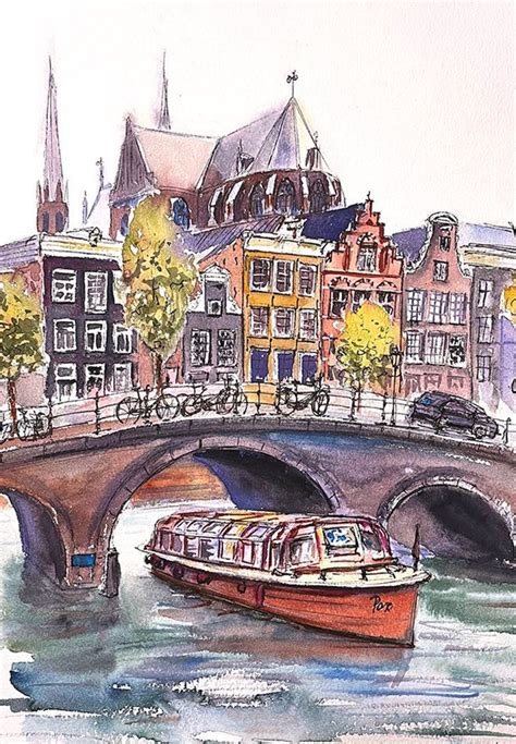 Amsterdam Painting Canal Hous Red Boat Print Canal of | Etsy ...