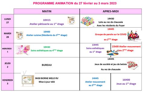 Animations De La Semaine Du F Vrier Au Mars Ehpad Le Parc