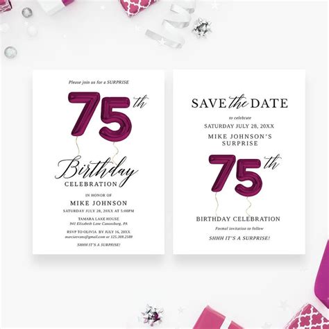 75th Birthday Invitation And Save The Date Card Editable Template 75th