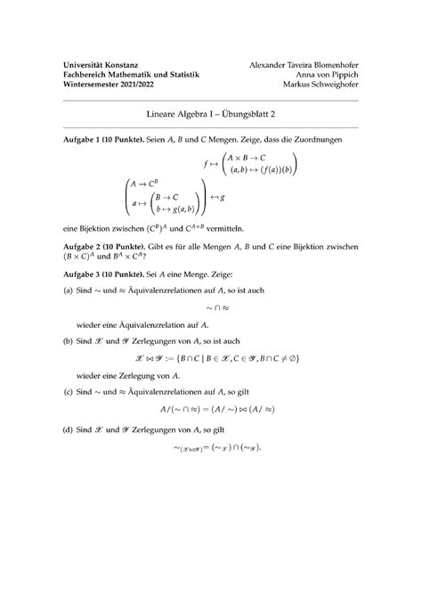 Blatt 2 Übungsaufgaben zur Vorlesung Übung Lineare Algebra I Studocu