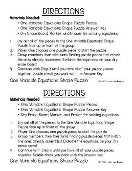 One Variable Equations Shape Puzzle Teks A Math Station Activity