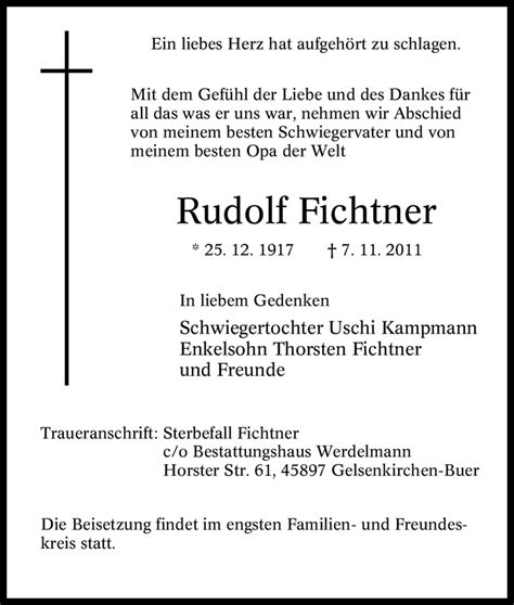 Traueranzeigen Von Rudolf Fichtner Trauer In Nrw De