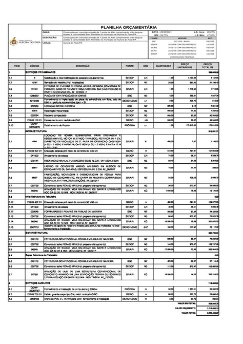 Planilha De Or Amento Elaborada Pela Administra O Prefeitura