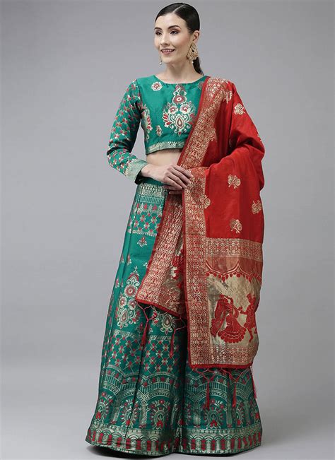 Buy Green Benarasi Silk Brocade A Line Lehenga With Red Dupatta Festive