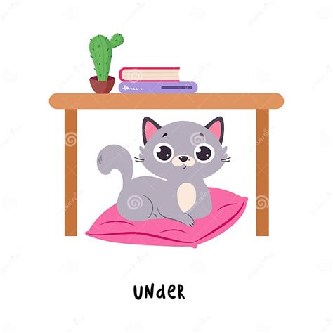 Little Grey Cat Sitting Under Table On Pillow As English Language