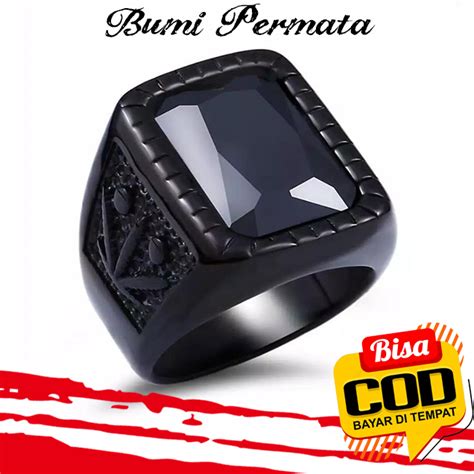 Batu Cincin Akik Black Onyx Kotak Ring Titanium Hitam Bumi Permata