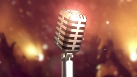 Retro microphone stage. Close up vintage microphone on stage. Old microphone on light background ...