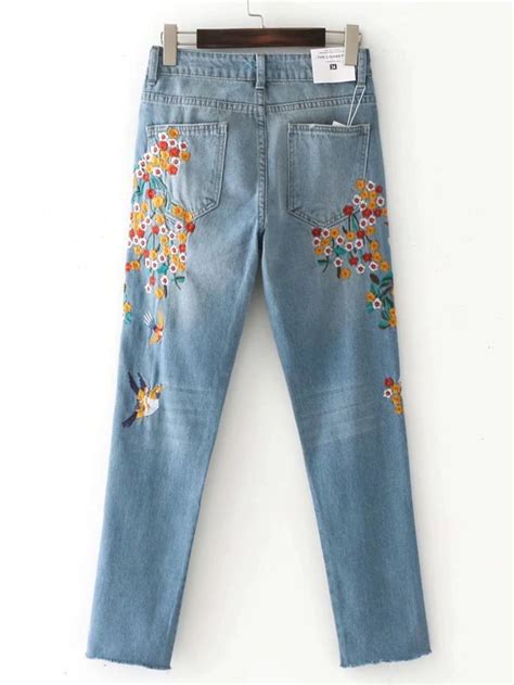 Embroidered Flower Raw Cuff Jeans Shein Sheinside Embroidered Jeans