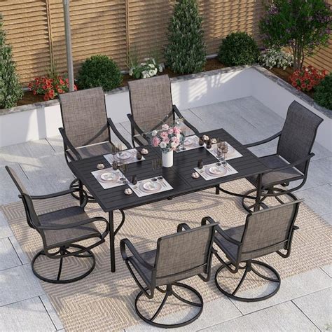 PHI VILLA Black 7 Piece Metal Rectangle Patio Outdoor Dining Set With