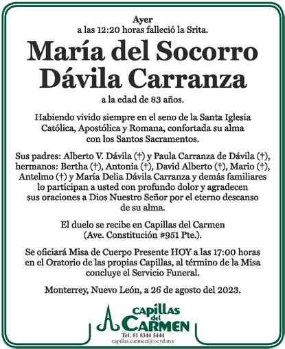 Srita Mar A Del Socorro D Vila Carranza Obituario Esquela