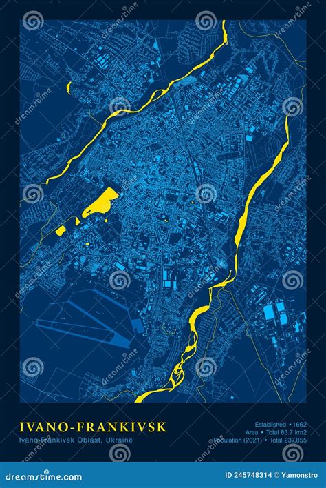 Ivano-Frankivsk Map Vector Poster Highly Detailed Map in Yellow Blue Colours Stock Vector ...