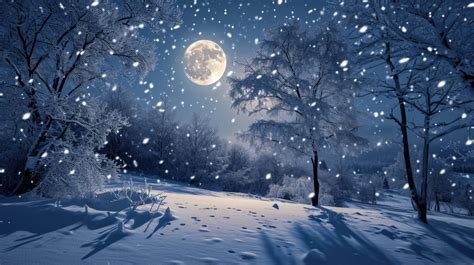 full moon over snowy landscape, winter night wallpaper, peaceful moonlit snowfield, serene ...