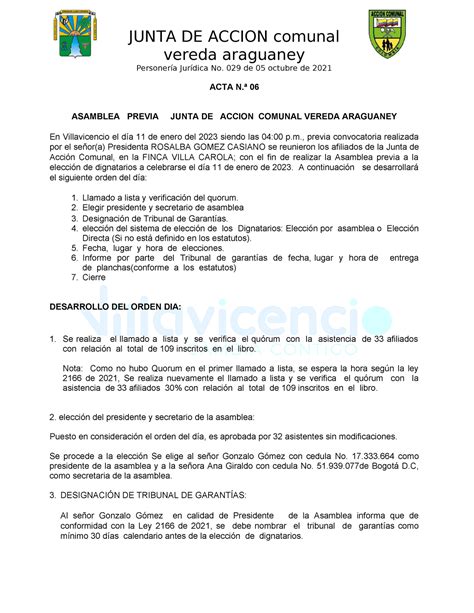 Modelo Acta Asamblea Previa Junta De Accion Comunal Vereda Araguaney