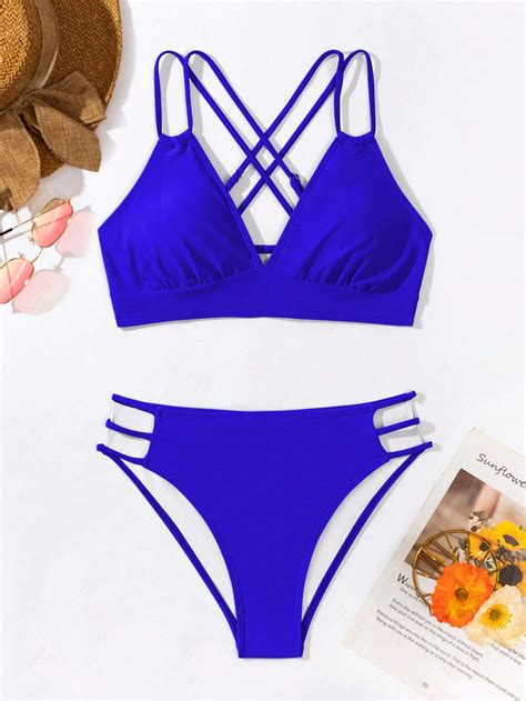 Shein Swim Conjunto De Bikini De Ba O Liso Con Detalle De Puntilla Calada Moda De Mujer