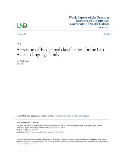 A Revision of the Decimal Classification for the Uto-Aztecan Language Family - DocsLib