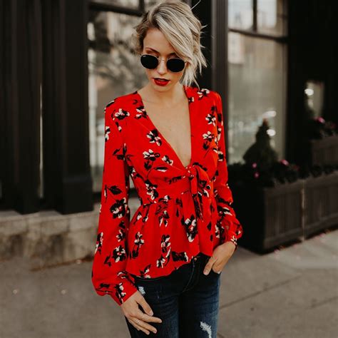 Summer Deep V Neck Blouse For Women Elegant Flower Printed Peplum Tops Puff Sleeve Ruffles