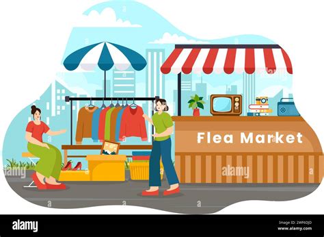 Flea Market Vector Illustration With Second Hand Shop With Shoppers