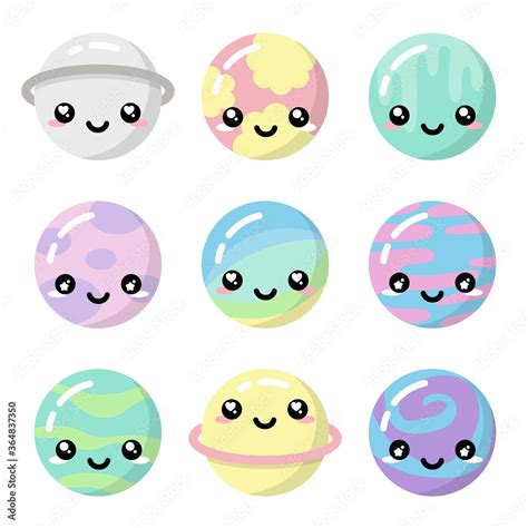 Cute Kawaii Planets Pastel Colorful Set Isolated Vector De Stock