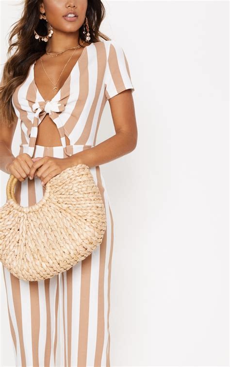 Stone Stripe Tie Front Culotte Jumpsuit Prettylittlething Usa