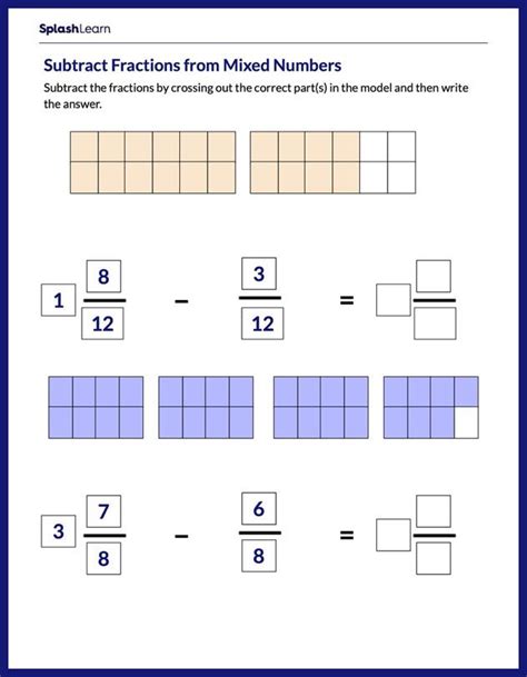 Subtract Fractions From Mixed Numbers Using Models Worksheet