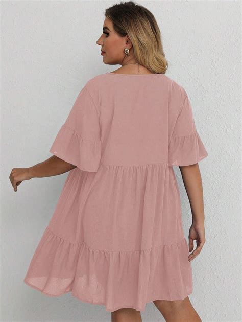 Shein Lune Plus Flounce Sleeve Ruffle Hem Smock Dress Shein Usa