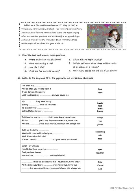 Set Fire To The Rain Song And Nurser English Esl Worksheets Pdf And Doc Classroom Songs