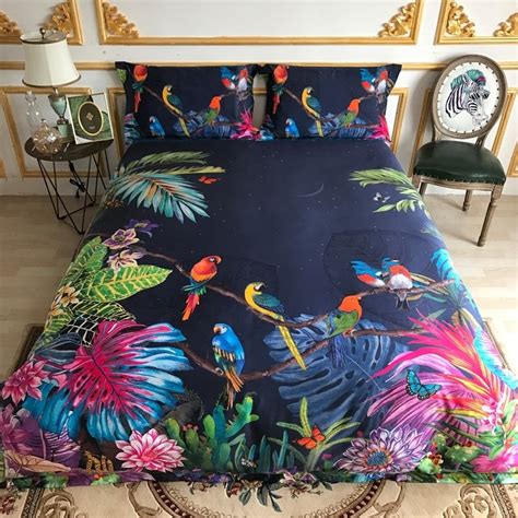 Deep Blue Rose Red And Green Bird And Vintage Flower Print Tropical