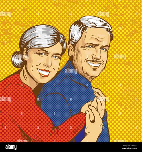 Vector Illustration Of Smiling Mature Couple In Retro Pop Art Comic