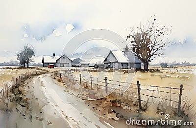 Ambient Occlusion Watercolor Illustration Of Snowy Farmhouses Royalty-Free Stock Photo ...