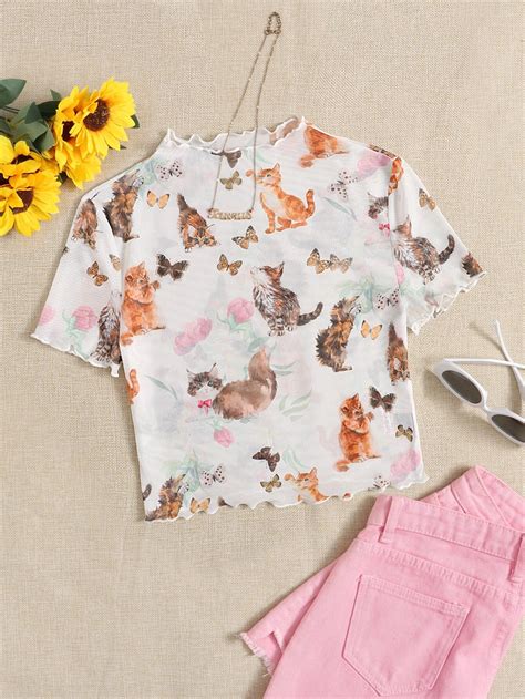 Shein Ezwear Top Con Estampado De Gato Y Mariposa Ribete En Forma De