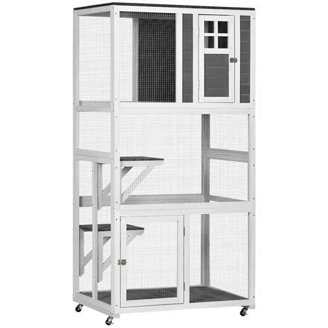 Pawhut 74 Wooden Outdoor Cat House Weatherproof And Wheeled Catio