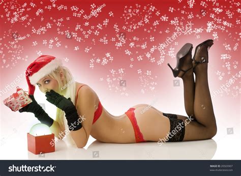 Sexy Blond In Lingerie Stocking And Gloves Opening Christmas Box Stock Photo 20503907 Shutterstock