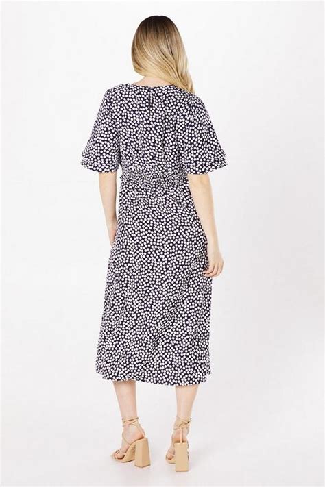 Dresses Navy Spot Double Frill Sleeve Shirred Waist Midi Dress Dorothy Perkins