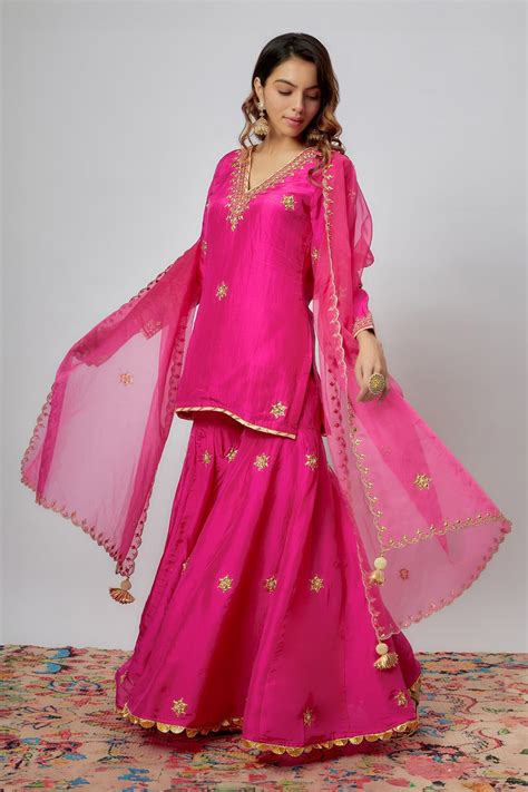 Buy Pink Kurta And Sharara Pure Spun Silk Hand Embroidered Floral V