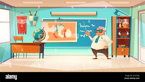 Classroom for history subject with old teacher. Vector cartoon ...