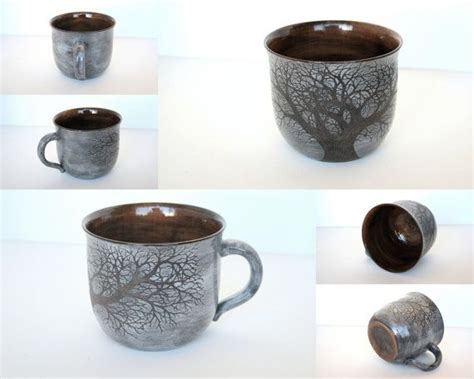 Rustic Sgraffito One Tree Mug Hand Painted Stoneware Clay